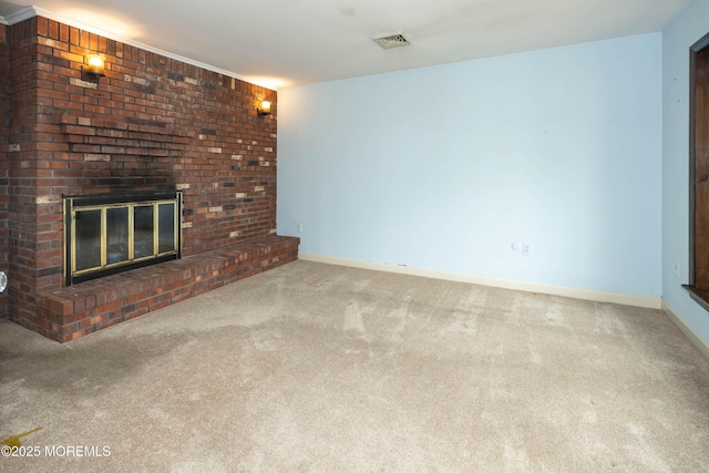 153 12th St, Belford, NJ 07718 - unfurnished living room featuring carpet flooring, a brick fireplace, and baseboards