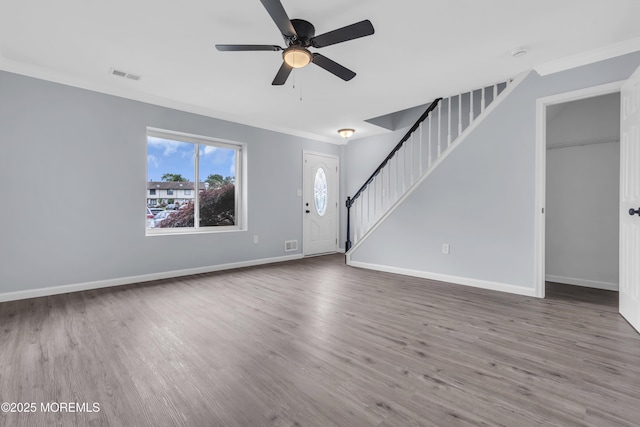 127 Creek Rd Unit 518, Brick, NJ 08724 - unfurnished living room with ceiling fan, stairway, wood finished floors, baseboards, and crown molding