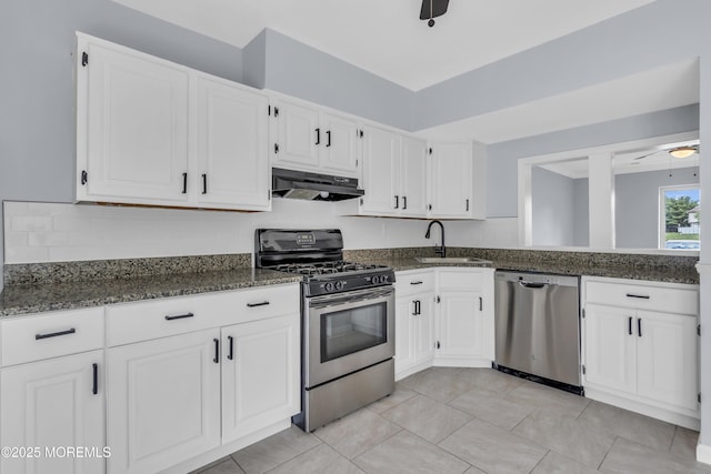 127 Creek Rd Unit 518, Brick, NJ 08724 - kitchen featuring appliances with stainless steel finishes, under cabinet range hood, a sink, ceiling fan, and white cabinets