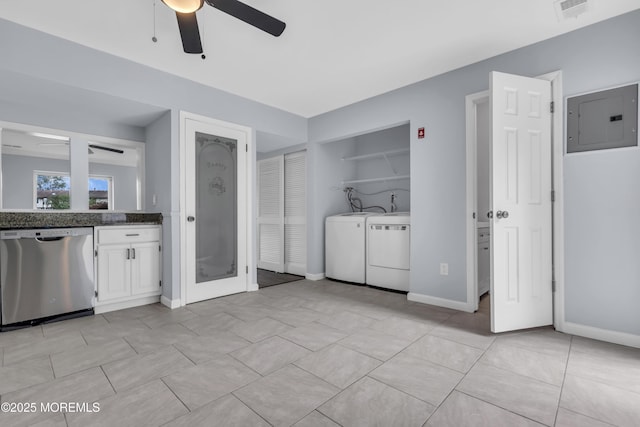 127 Creek Rd Unit 518, Brick, NJ 08724 - laundry room with electric panel, ceiling fan, baseboards, and separate washer and dryer