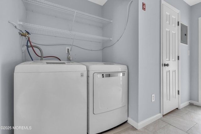 127 Creek Rd Unit 518, Brick, NJ 08724 - laundry room featuring electric panel, washer and dryer, baseboards, and light tile patterned floors