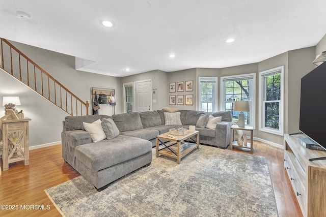 43 Woodledge Ct, Rockaway Twp, NJ 07866 - living room featuring wood finished floors, baseboards, recessed lighting, and stairway