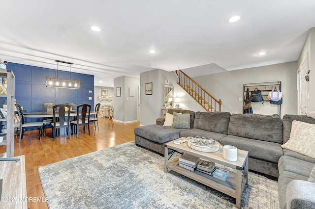43 Woodledge Ct, Rockaway Twp, NJ 07866 - living room with stairway, recessed lighting, light wood-style floors, and baseboards