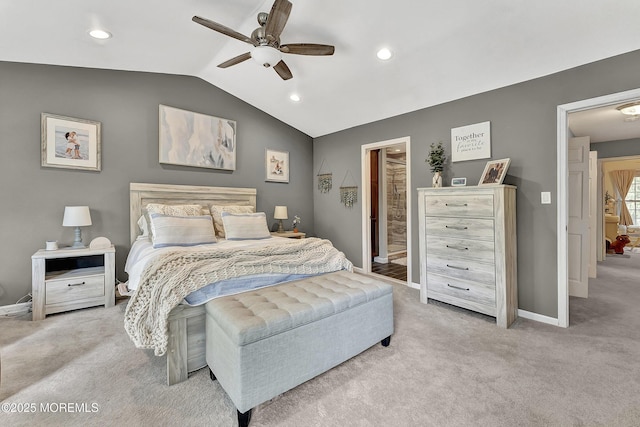 43 Woodledge Ct, Rockaway Twp, NJ 07866 - bedroom featuring lofted ceiling, light colored carpet, baseboards, recessed lighting, and a ceiling fan