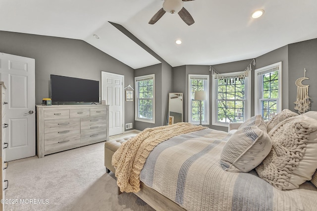 43 Woodledge Ct, Rockaway Twp, NJ 07866 - bedroom with light carpet, recessed lighting, vaulted ceiling, and ceiling fan
