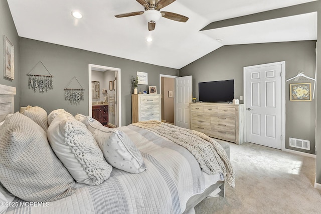 43 Woodledge Ct, Rockaway Twp, NJ 07866 - bedroom featuring light carpet, vaulted ceiling, baseboards, a ceiling fan, and ensuite bathroom