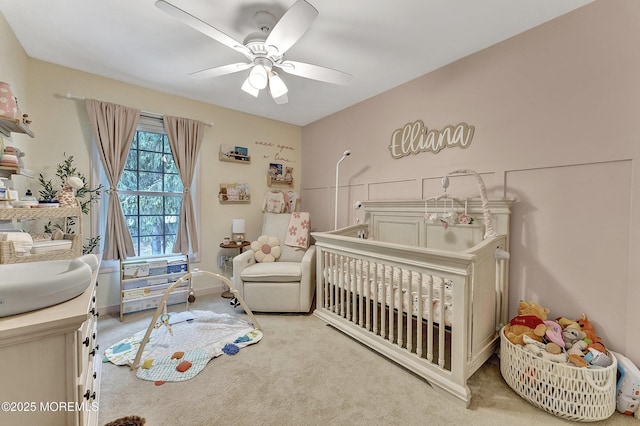 43 Woodledge Ct, Rockaway Twp, NJ 07866 - bedroom featuring light colored carpet, a crib, and a ceiling fan