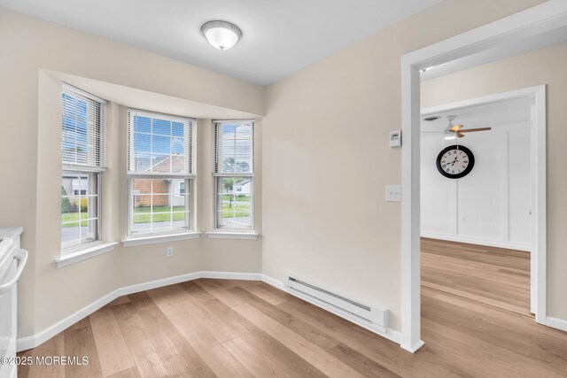 28 Mill Rd Unit B, Whiting, NJ 08759 - unfurnished dining area featuring a baseboard heating unit, light wood-style flooring, baseboards, and a ceiling fan