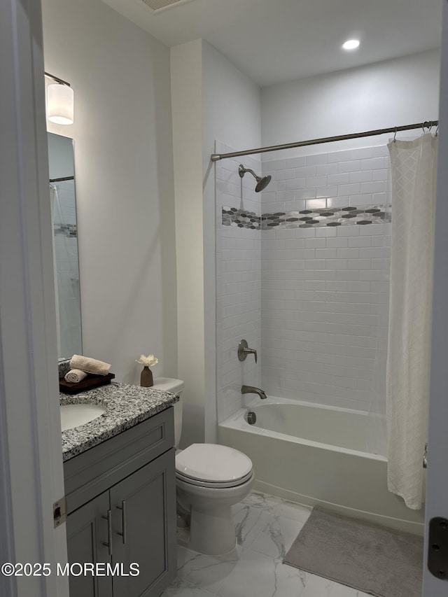 300 Prestige Rd, Brick, NJ 08723 - full bath featuring vanity, shower / bath combination with curtain, toilet, marble finish floors, and recessed lighting
