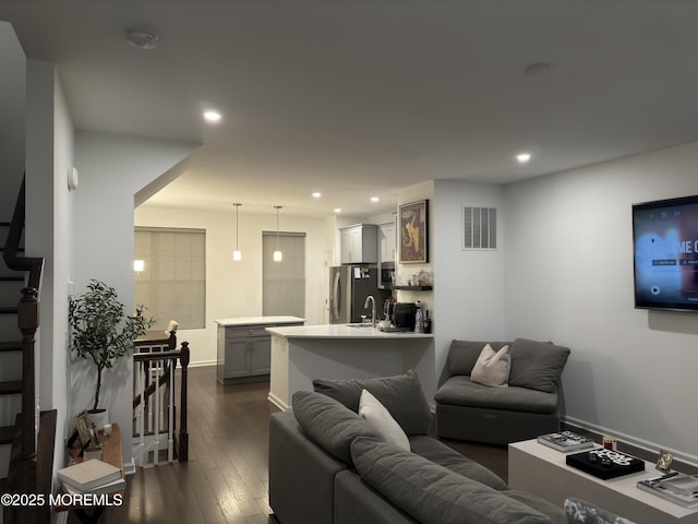300 Prestige Rd, Brick, NJ 08723 - living room featuring dark wood-style floors, recessed lighting, baseboards, and stairway