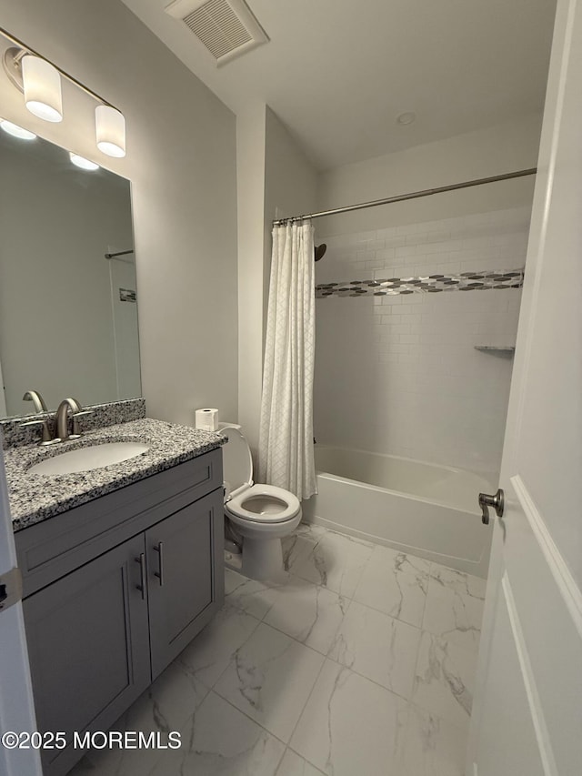 300 Prestige Rd, Brick, NJ 08723 - full bathroom featuring vanity, toilet, shower / bath combination with curtain, and marble look tile flooring