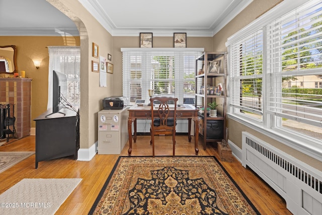 10 Fulton St, Freehold, NJ 07728 - office area featuring radiator, wood finished floors, ornamental molding, arched walkways, and baseboards