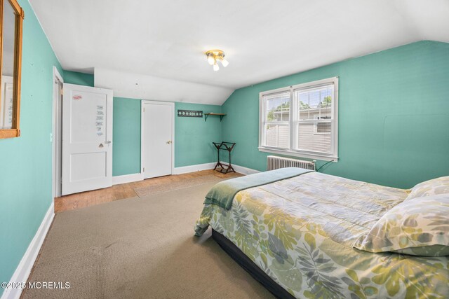 10 Fulton St, Freehold, NJ 07728 - bedroom with radiator heating unit, lofted ceiling, carpet floors, and baseboards