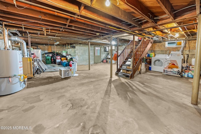 10 Fulton St, Freehold, NJ 07728 - unfinished basement featuring gas water heater, washer and dryer, and stairs