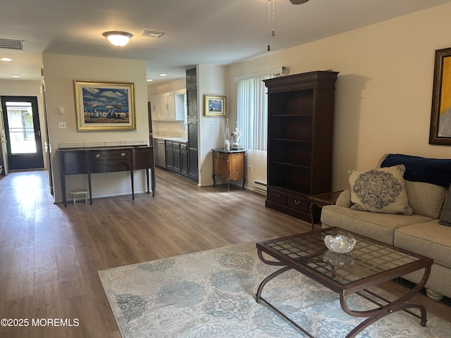 12 Medford Ct, Red Bank, NJ 07701 - living area with wood finished floors, a ceiling fan, baseboard heating, and recessed lighting