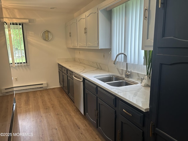 12 Medford Ct, Red Bank, NJ 07701 - kitchen featuring a baseboard radiator, a sink, white cabinets, dishwasher, and light wood-style flooring