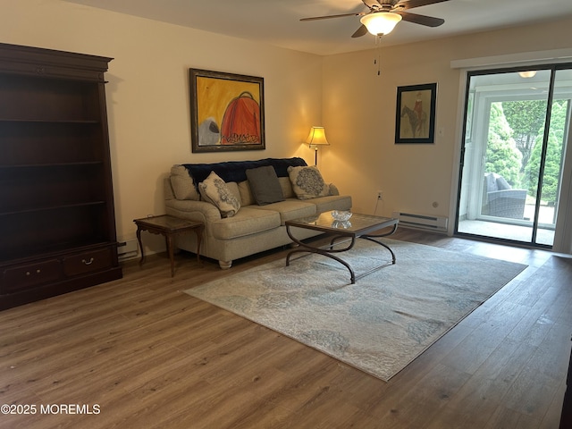12 Medford Ct, Red Bank, NJ 07701 - living room featuring a baseboard radiator, a ceiling fan, and wood finished floors
