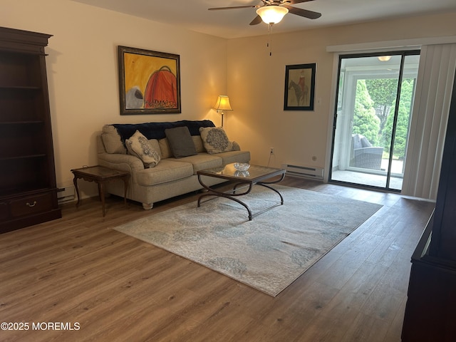 12 Medford Ct, Red Bank, NJ 07701 - living room featuring ceiling fan, a baseboard heating unit, and wood finished floors