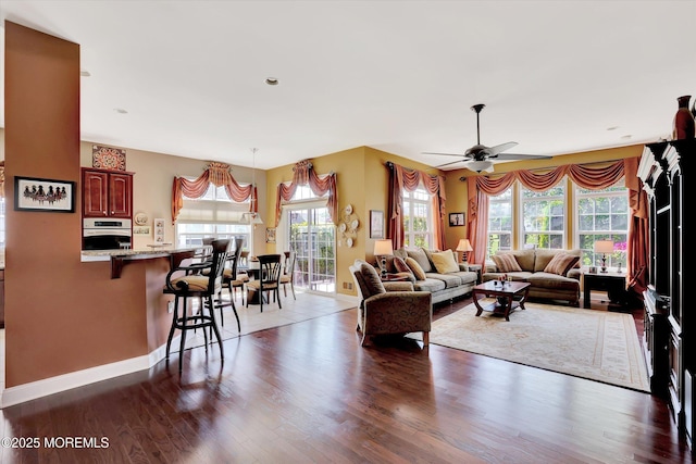 7 Jester Ct, Monroe, NJ 08831 - living room featuring healthy amount of natural light, dark wood-type flooring, a ceiling fan, and baseboards