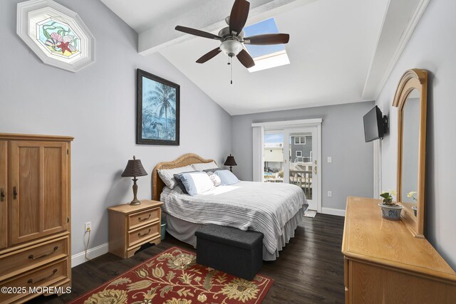 1498 Paul Blvd, Manahawkin, NJ 08050 - bedroom featuring access to outside, dark wood-type flooring, baseboards, a skylight, and ceiling fan