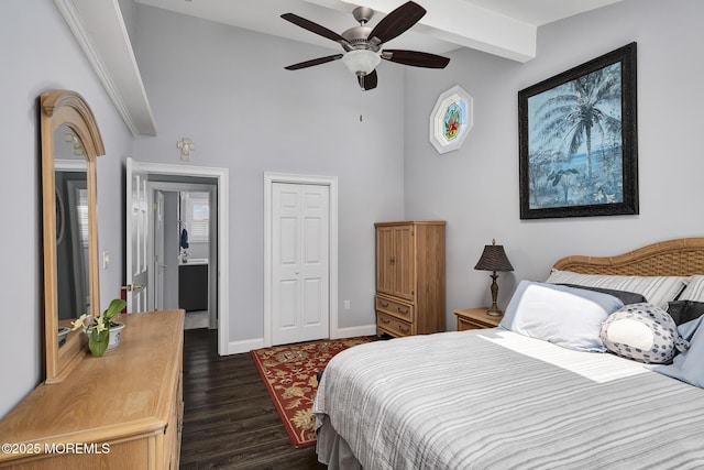 1498 Paul Blvd, Manahawkin, NJ 08050 - bedroom with dark wood finished floors, a closet, high vaulted ceiling, baseboards, and beam ceiling