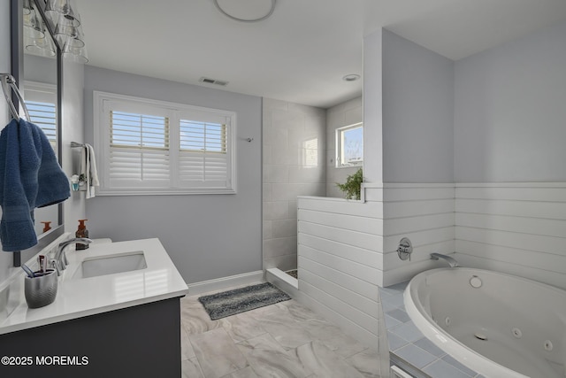 1498 Paul Blvd, Manahawkin, NJ 08050 - bathroom with a jetted tub, vanity, marble finish flooring, and tiled shower