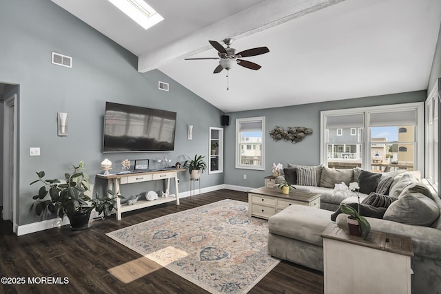 1498 Paul Blvd, Manahawkin, NJ 08050 - living area with a ceiling fan, beam ceiling, baseboards, wood finished floors, and a skylight