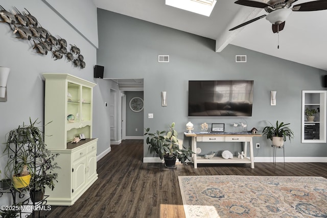 1498 Paul Blvd, Manahawkin, NJ 08050 - living area featuring high vaulted ceiling, ceiling fan, wood finished floors, beam ceiling, and baseboards