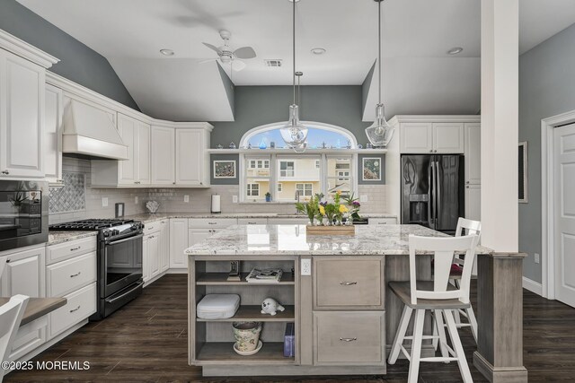 1498 Paul Blvd, Manahawkin, NJ 08050 - kitchen featuring gas range, fridge with ice dispenser, custom range hood, a ceiling fan, and decorative backsplash