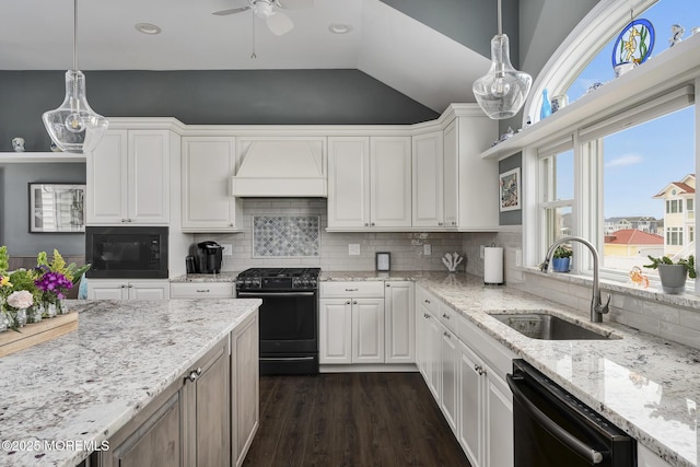 1498 Paul Blvd, Manahawkin, NJ 08050 - kitchen with black appliances, custom range hood, a sink, white cabinetry, and dark wood-style flooring