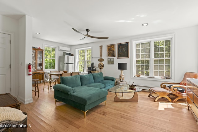 341 Chapel Hill Rd, Atlantic Highlands, NJ 07716 - living area with a wall mounted air conditioner, a ceiling fan, wood-type flooring, recessed lighting, and a baseboard heating unit