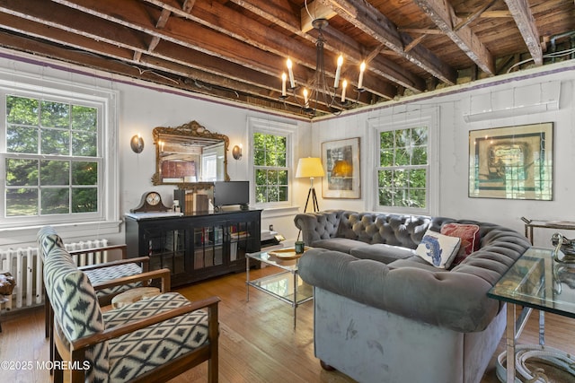 341 Chapel Hill Rd, Atlantic Highlands, NJ 07716 - living area featuring hardwood / wood-style flooring, radiator, wooden ceiling with exposed beams, and a chandelier