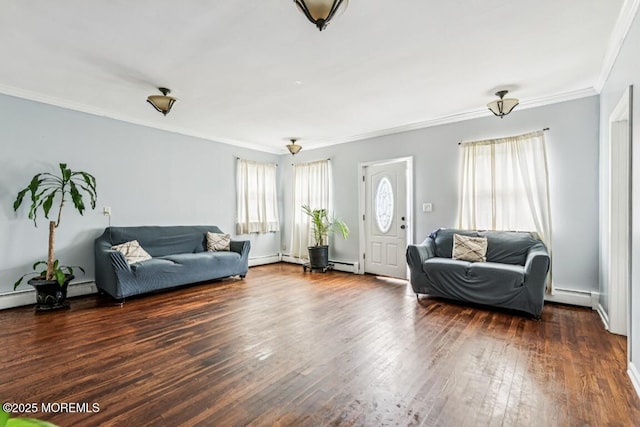 110 W 4th St, Howell, NJ 07731 - living area with plenty of natural light, wood-type flooring, crown molding, and baseboard heating