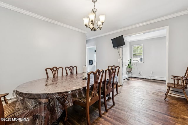 110 W 4th St, Howell, NJ 07731 - dining room featuring a chandelier, a baseboard radiator, wood finished floors, and crown molding
