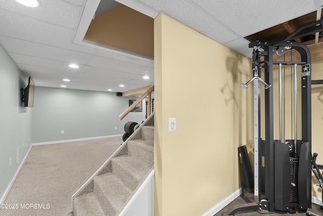 18 Hampton Rd, Howell, NJ 07731 - staircase with a paneled ceiling, baseboards, recessed lighting, and carpet flooring