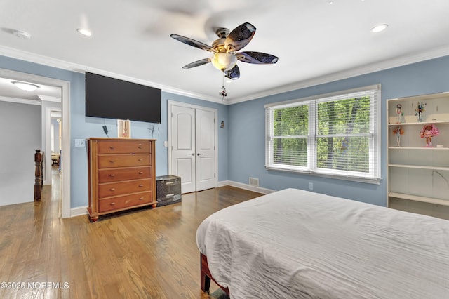 25 Briar Hill Dr, Manalapan, NJ 07726 - bedroom featuring ornamental molding, wood finished floors, a closet, a ceiling fan, and recessed lighting