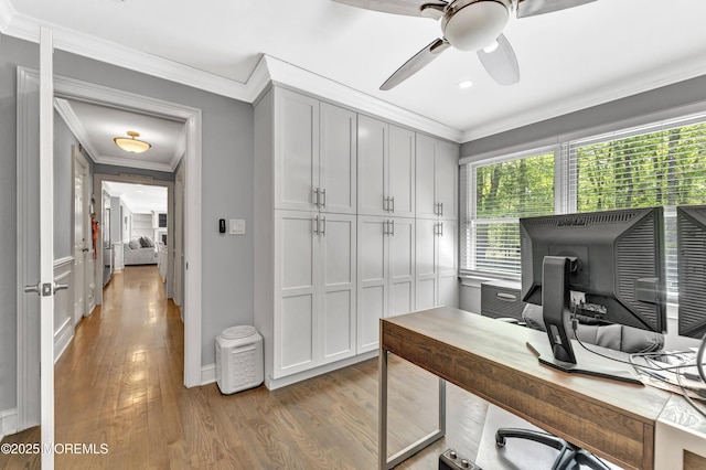 25 Briar Hill Dr, Manalapan, NJ 07726 - home office featuring ornamental molding, light wood-style flooring, ceiling fan, and recessed lighting