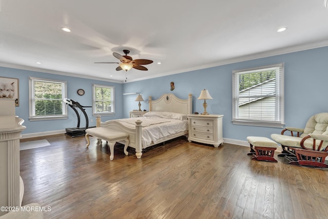 25 Briar Hill Dr, Manalapan, NJ 07726 - bedroom with ornamental molding, wood finished floors, recessed lighting, baseboards, and a ceiling fan
