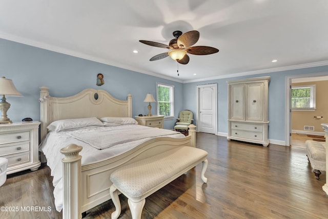 25 Briar Hill Dr, Manalapan, NJ 07726 - bedroom featuring ornamental molding, wood finished floors, recessed lighting, baseboards, and ceiling fan