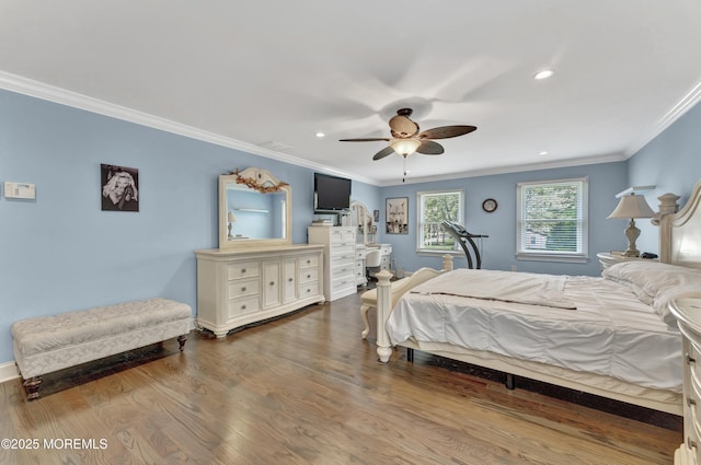 25 Briar Hill Dr, Manalapan, NJ 07726 - bedroom featuring crown molding, dark wood-style floors, recessed lighting, ceiling fan, and baseboards