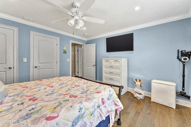 25 Briar Hill Dr, Manalapan, NJ 07726 - bedroom with wood finished floors, ornamental molding, recessed lighting, baseboards, and a ceiling fan
