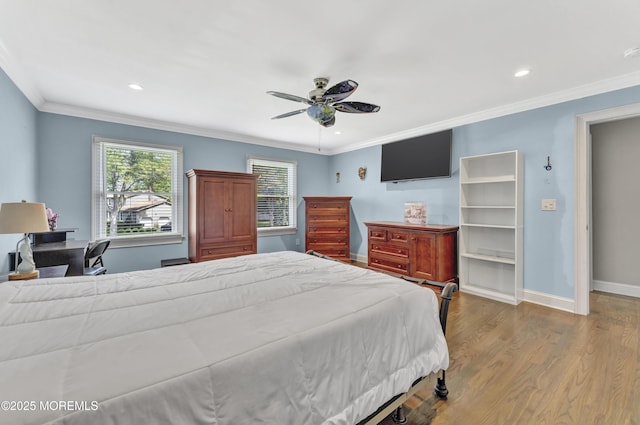 25 Briar Hill Dr, Manalapan, NJ 07726 - bedroom featuring crown molding, baseboards, wood finished floors, a ceiling fan, and recessed lighting