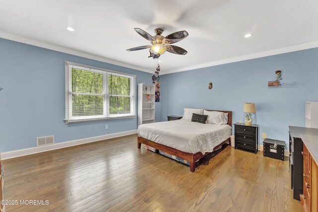 25 Briar Hill Dr, Manalapan, NJ 07726 - bedroom featuring crown molding, baseboards, light wood finished floors, a ceiling fan, and recessed lighting