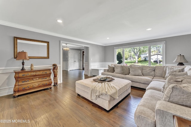 25 Briar Hill Dr, Manalapan, NJ 07726 - living room featuring crown molding, wainscoting, dark wood-style flooring, and recessed lighting
