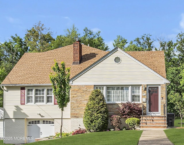 25 Glenview Rd, North Caldwell, NJ 07006 - view of front facade with an attached garage, a front yard, roof with shingles, and a chimney