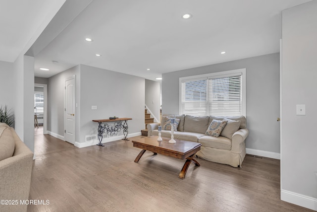 25 Glenview Rd, North Caldwell, NJ 07006 - living room featuring baseboards, wood finished floors, stairs, and recessed lighting