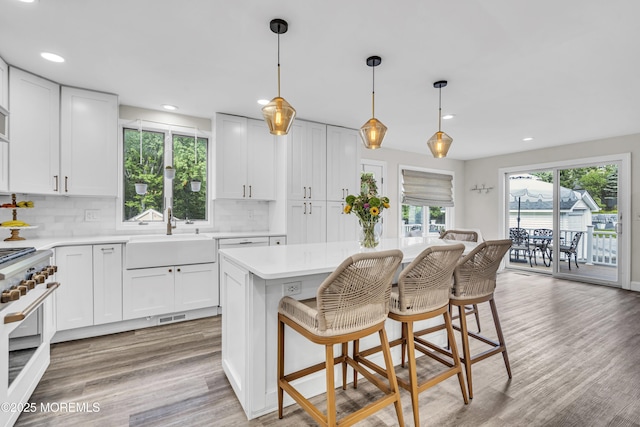 25 Glenview Rd, North Caldwell, NJ 07006 - kitchen with a sink, recessed lighting, range with gas cooktop, backsplash, and light countertops