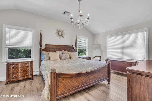 25 Glenview Rd, North Caldwell, NJ 07006 - bedroom with vaulted ceiling, a chandelier, light wood-style floors, multiple windows, and a baseboard heating unit