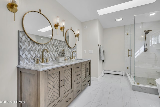 25 Glenview Rd, North Caldwell, NJ 07006 - bathroom featuring baseboard heating, marble finish floors, double vanity, a shower stall, and a skylight
