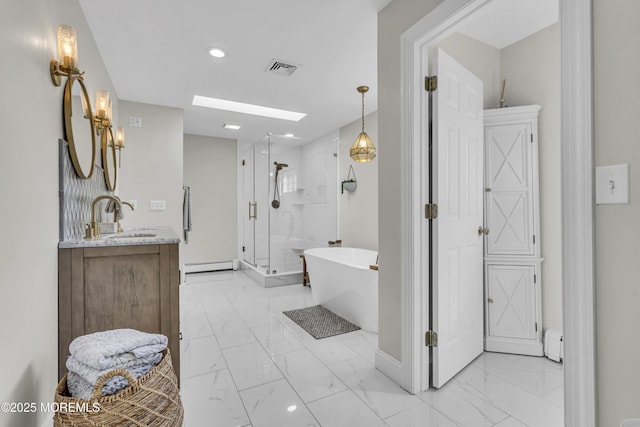 25 Glenview Rd, North Caldwell, NJ 07006 - full bathroom with marble look tile flooring, a baseboard radiator, vanity, a soaking tub, and a stall shower